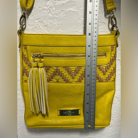 Kate Landry Yellow and Brown Woven Crossbody Bag w/ Tassels - Picture 7 of 9
